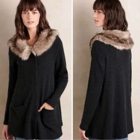 Moth by Anthropologie Cardigan Coat with Faux Fur Collar and Slouch Pockets - Picture 1 of 8